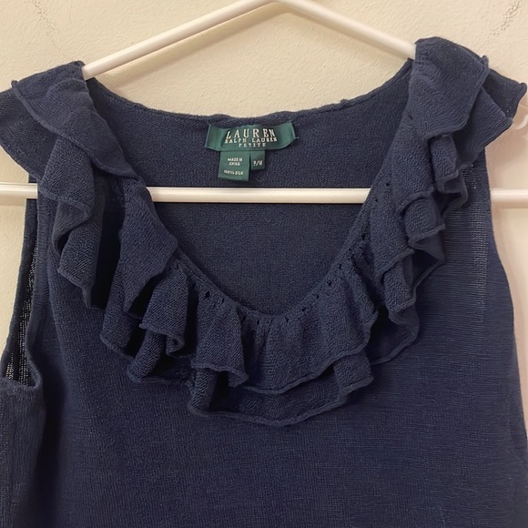 100% Silk Lauren Ralph Lauren Ruffle Sleeveless Tank Top PM EUC Navy Blue CUTE - Picture 3 of 15
